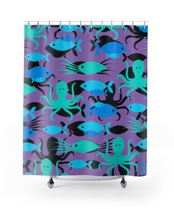 Deep Sea Creatures Shower Curtain With Shark, Fish & Octopus Patterns, Retro Perfect Unique Gift For A Marine Lover