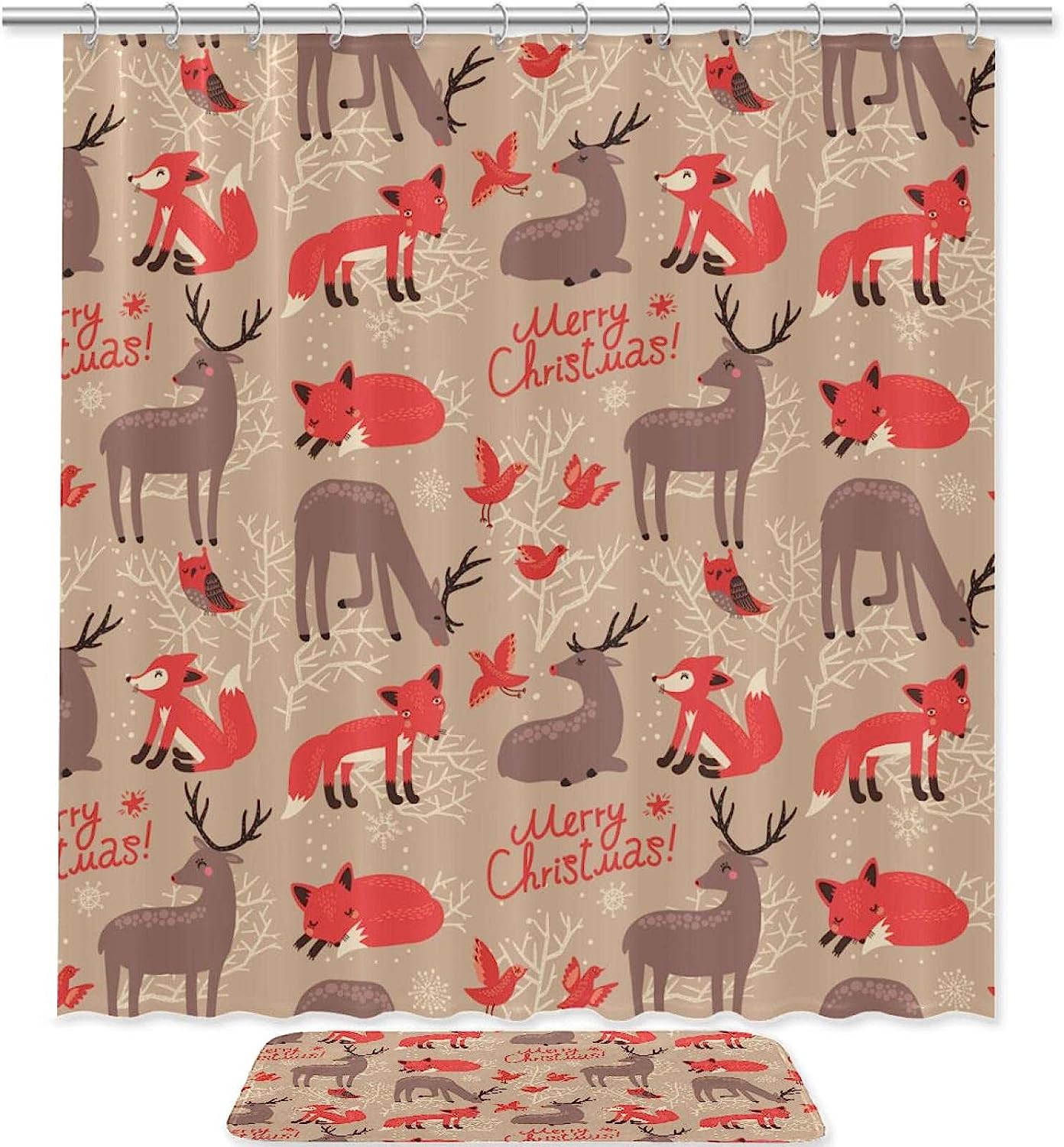 Deer And Foxes Print Shower Curtain, Waterproof Bath Curtain, Perfect For Your Rustic Bathroom