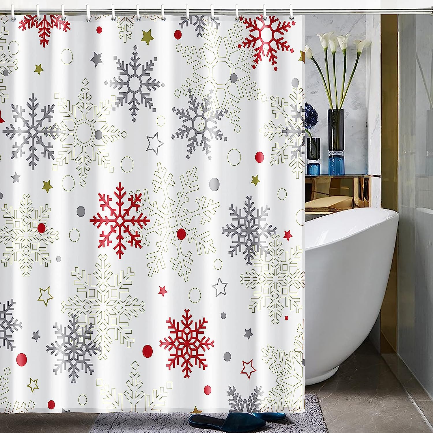 Deer And Pine Trees Christmas Saying Believe Print Shower Curtain For Bathroom Decor