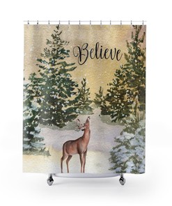 Deer And Red Cardinal Against Pine Trees And Snow Rustic Christmas Shower Curtain