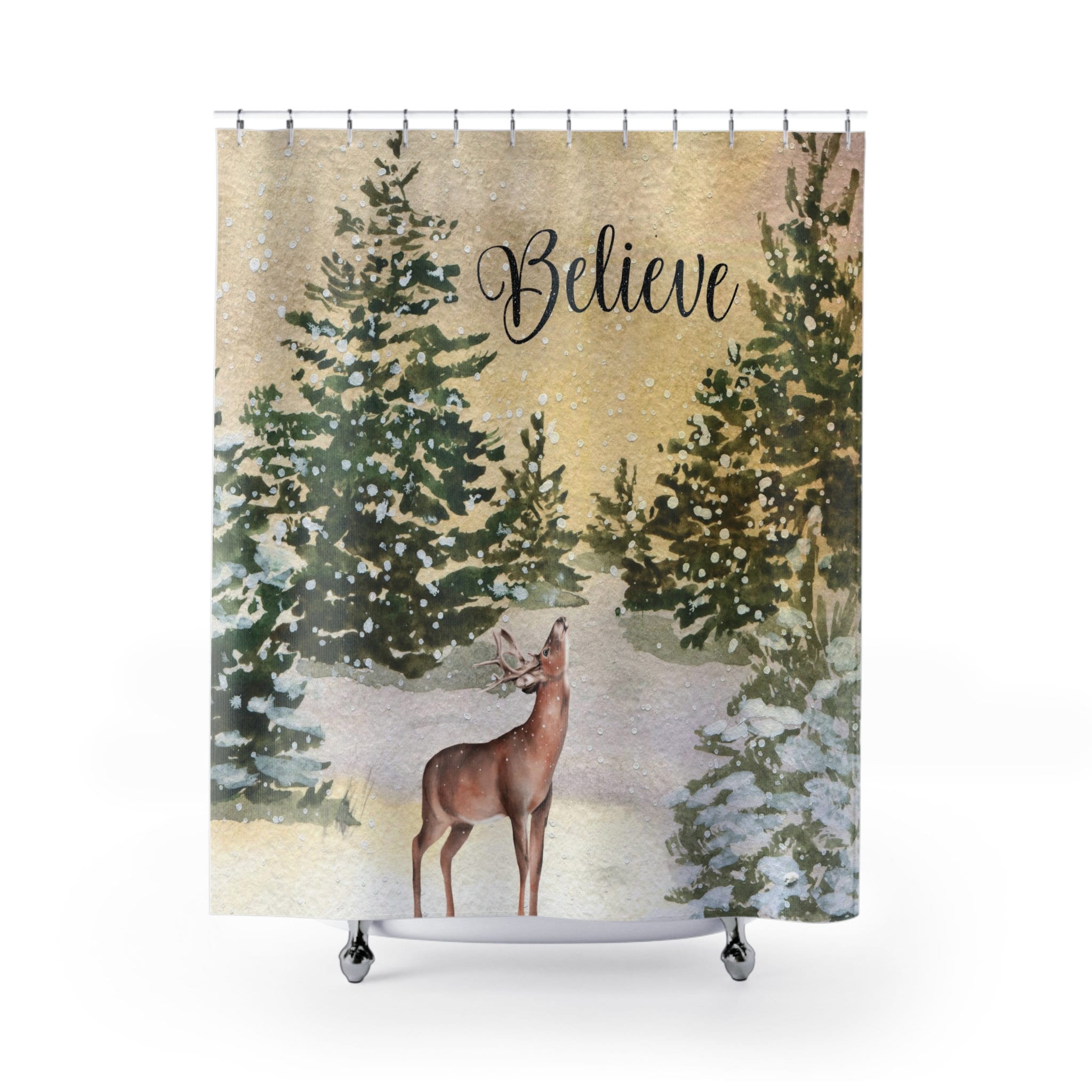 Deer And Red Cardinal Against Pine Trees And Snow Rustic Christmas Shower Curtain