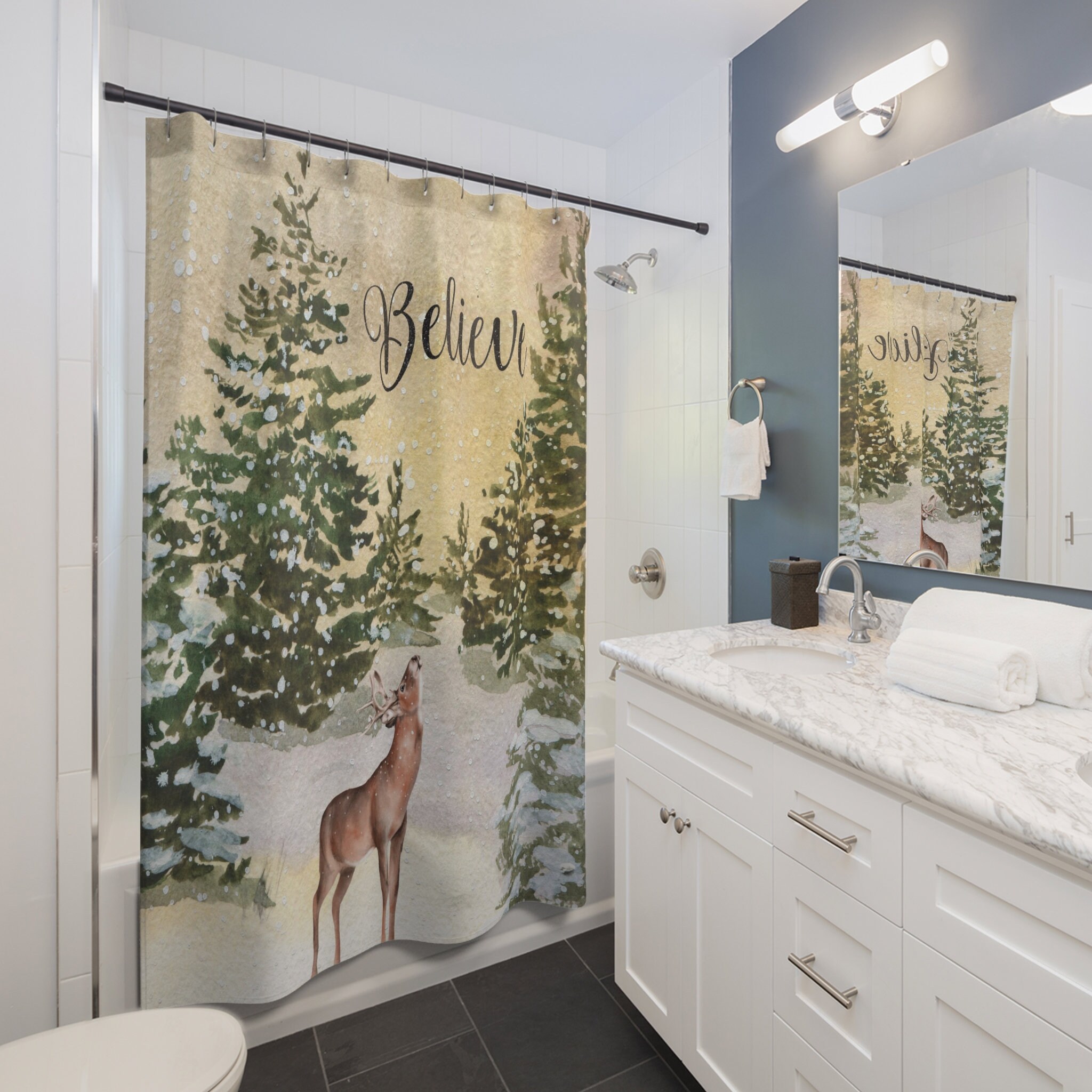 Deer And Red Cardinal Against Pine Trees And Snow Rustic Christmas Shower Curtain - Image 2