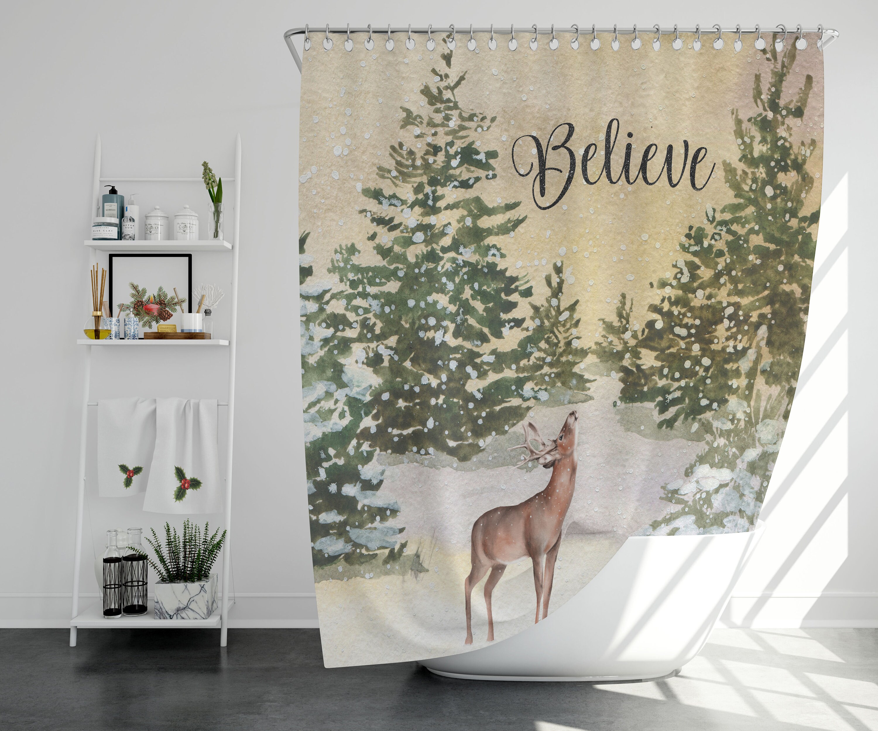 Deer And Red Cardinal Against Pine Trees And Snow Rustic Christmas Shower Curtain - Image 3