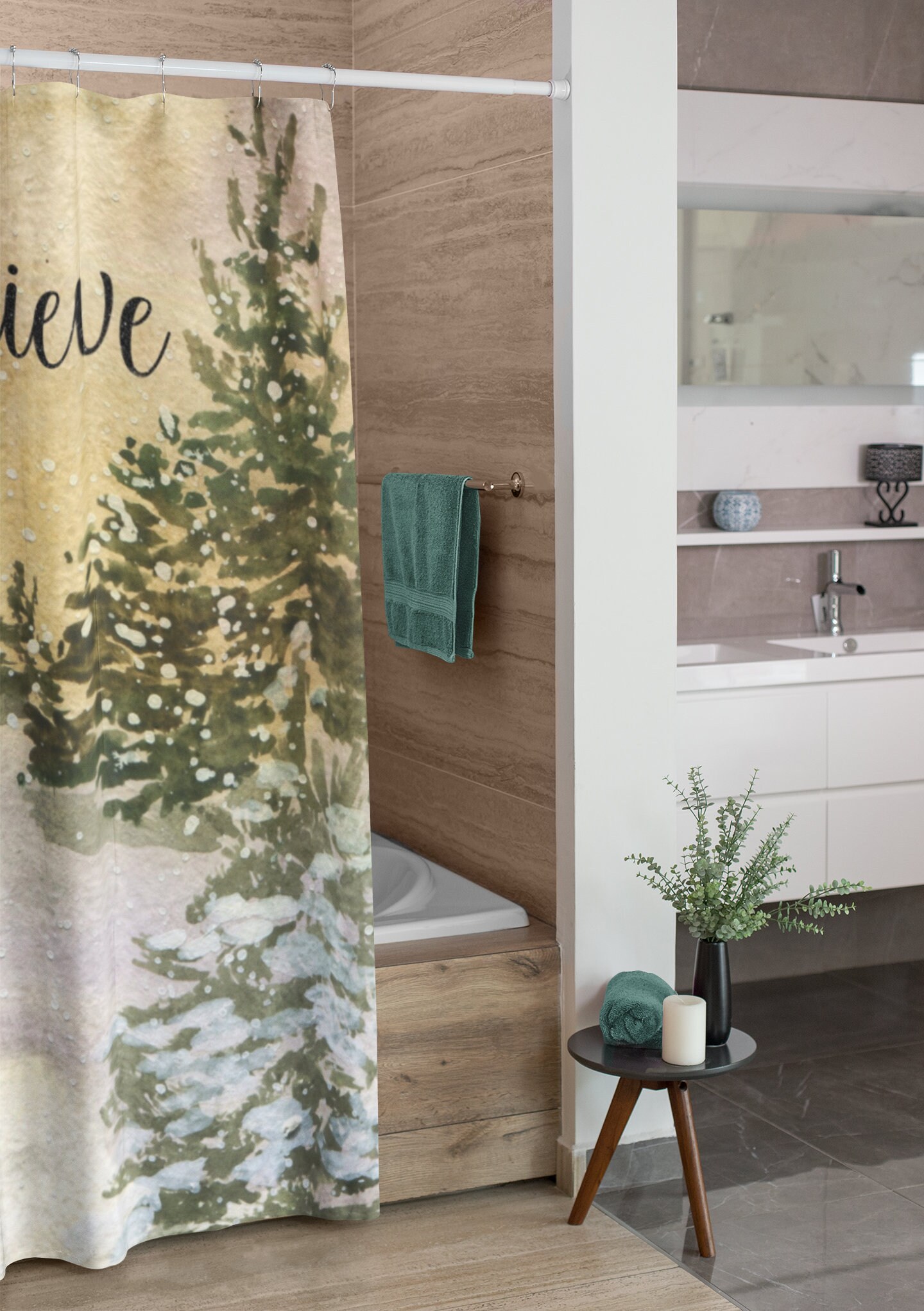 Deer And Red Cardinal Against Pine Trees And Snow Rustic Christmas Shower Curtain - Image 4