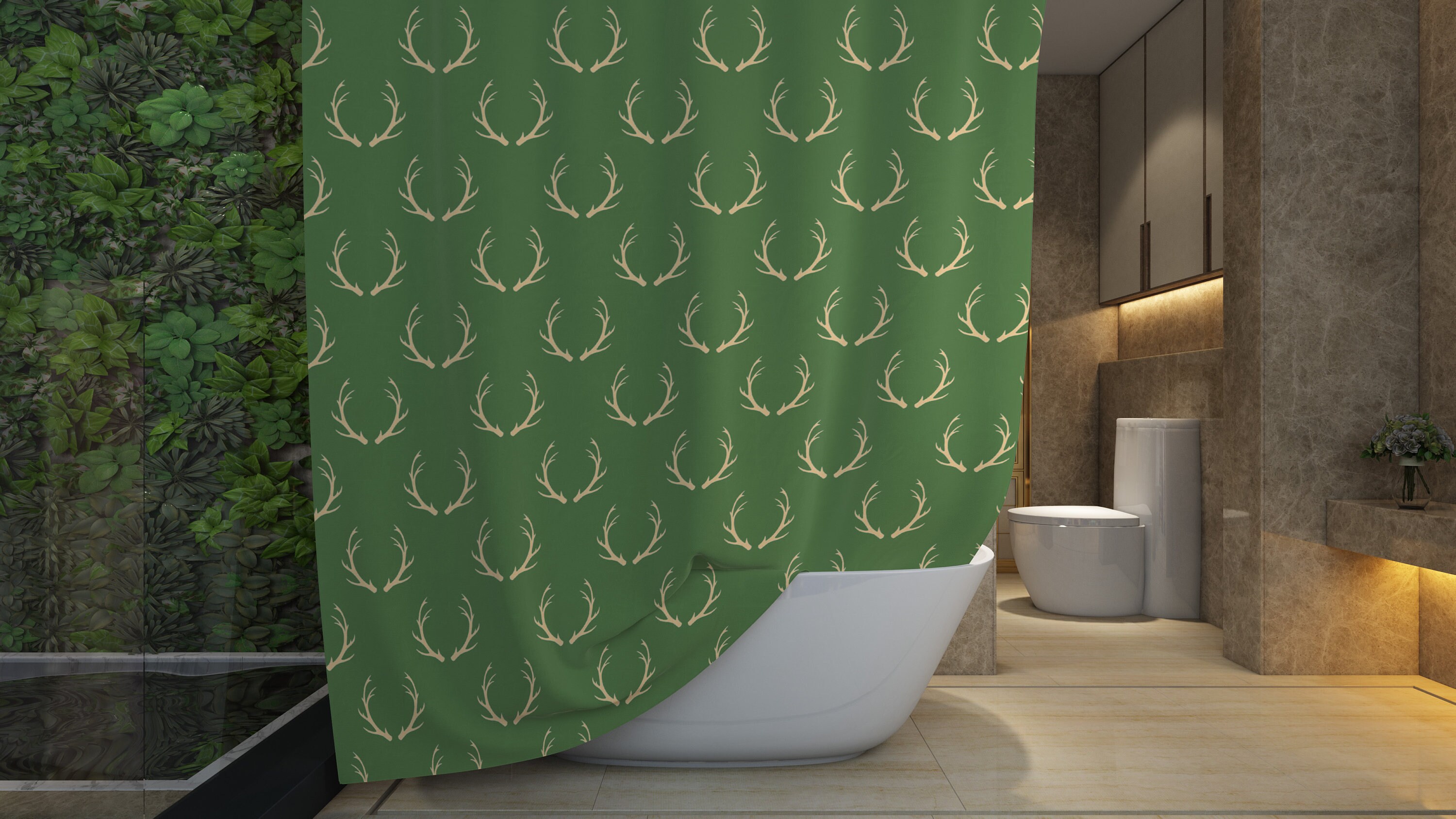 Deer Antler Print Shower Curtain For Your Hunting Lodge Bath Set, Winter Home Decor Housewarming Gift