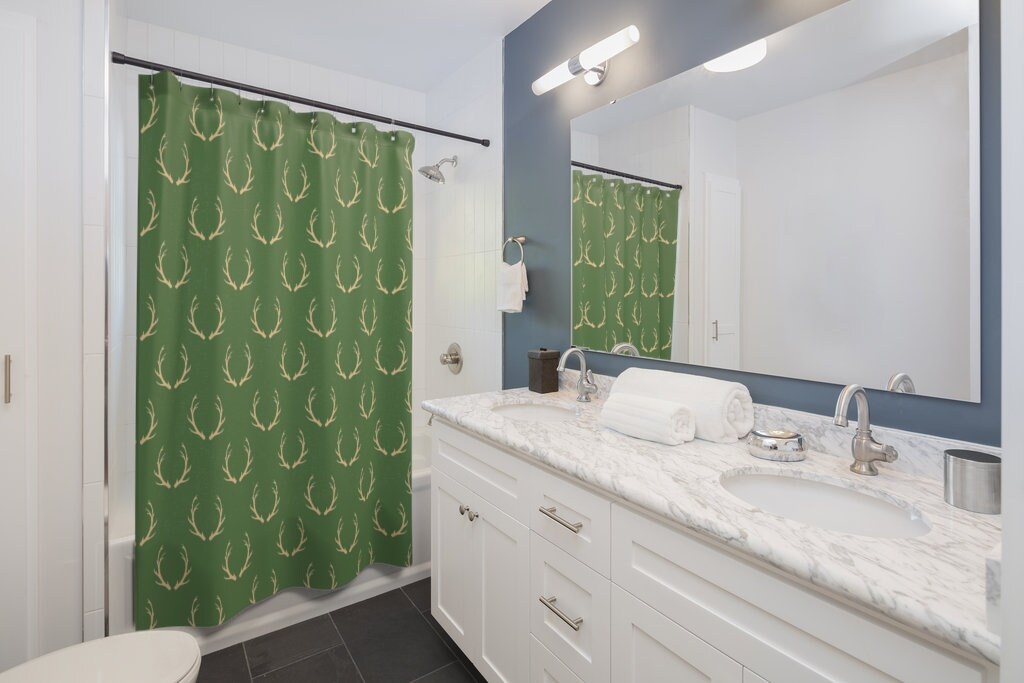 Deer Antler Print Shower Curtain For Your Hunting Lodge Bath Set, Winter Home Decor Housewarming Gift - Image 3