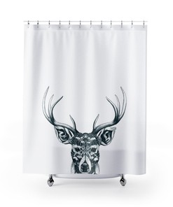 Deer Antler Shower Curtain with Stag Head for a Rustic Woodland Bathroom Decor