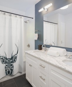 Deer Antler Shower Curtain with Stag Head for a Rustic Woodland Bathroom Decor