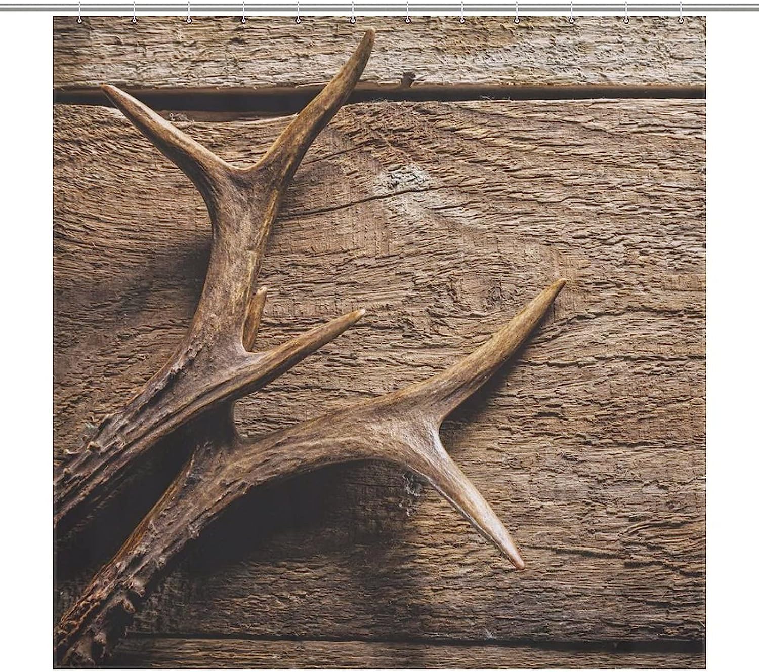 Deer Antlers On Wood Table Rustic Shower Curtain, Waterproof Bath Curtain For Your Bathroom Decoration