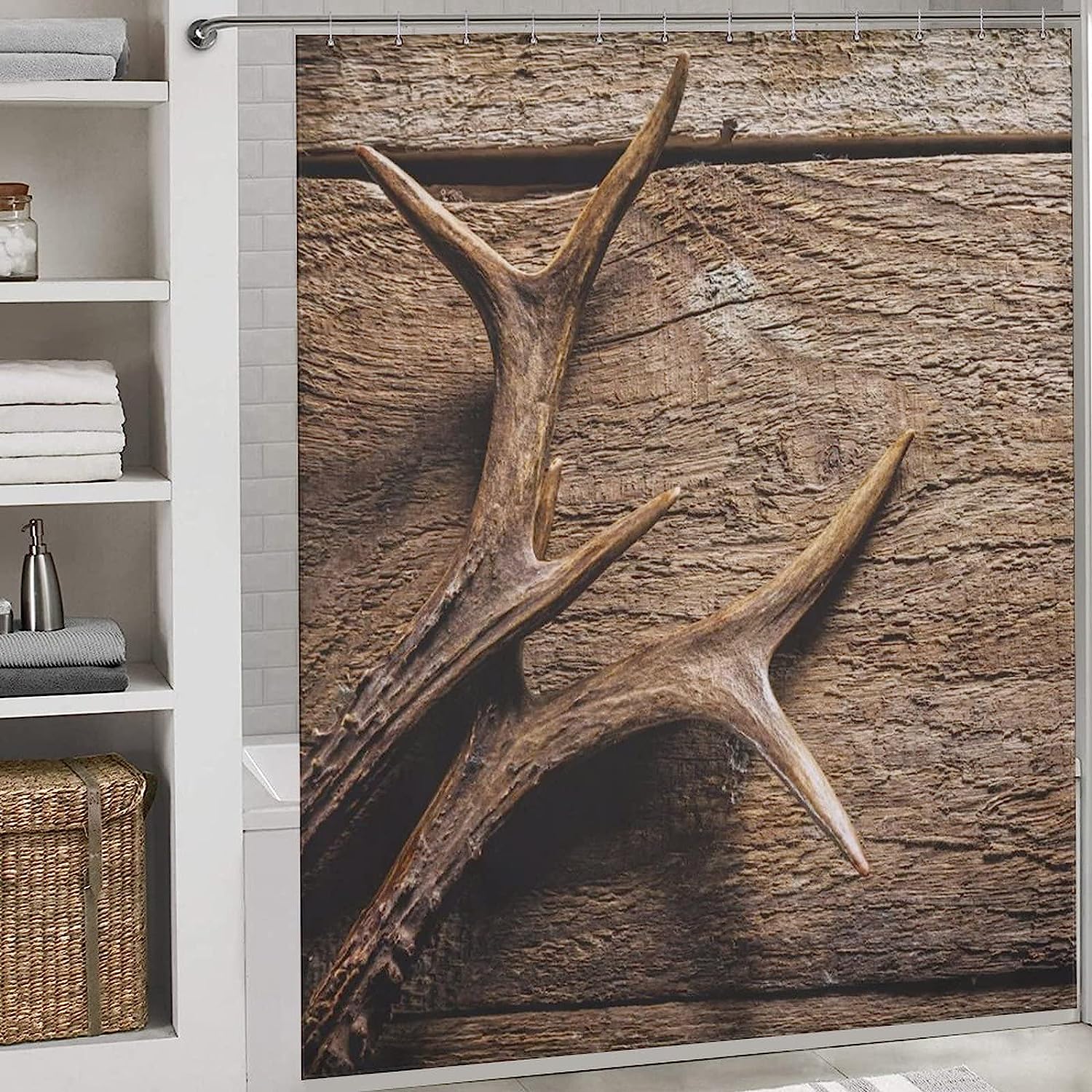 Deer Antlers On Wood Table Rustic Shower Curtain, Waterproof Bath Curtain For Your Bathroom Decoration - Image 3