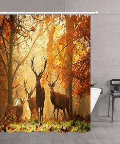 Deer Autumn Trees Animal Waterproof Fabric Shower Curtain