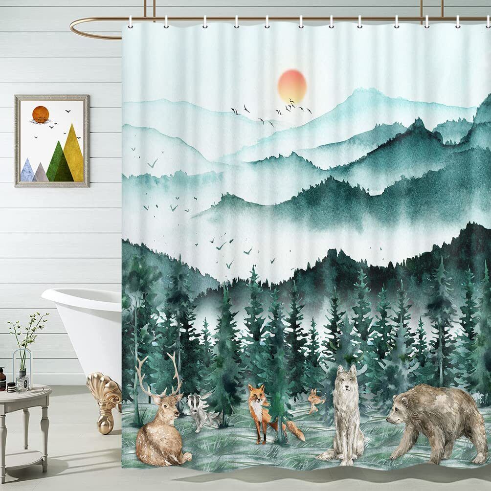 Deer Badger Fox Rabbit Wolf Bear Forest Fabric Shower Curtain With Waterproof Bath Decors