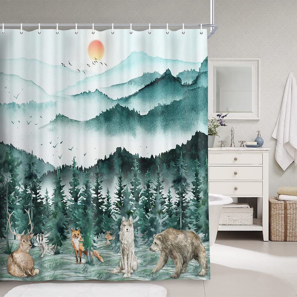 Deer Badger Fox Rabbit Wolf Bear Forest Fabric Shower Curtain With Waterproof Bath Decors - Image 2