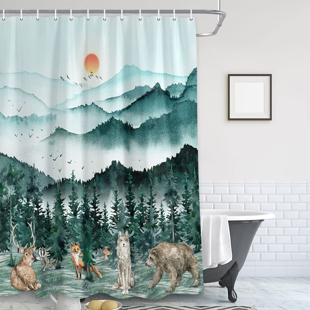 Deer Badger Fox Rabbit Wolf Bear Forest Fabric Shower Curtain With Waterproof Bath Decors - Image 3