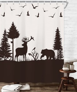 Deer Bear Birds Forests Fabric Shower Curtain With Waterproof Bath Decors, Perfect For A Woodland Themed Bathroom