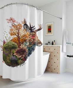 Deer Blend Animal Art Sherpa Shower Curtain, Unique Deer Curtain, Aesthetic Shower Curtain For Restrooms