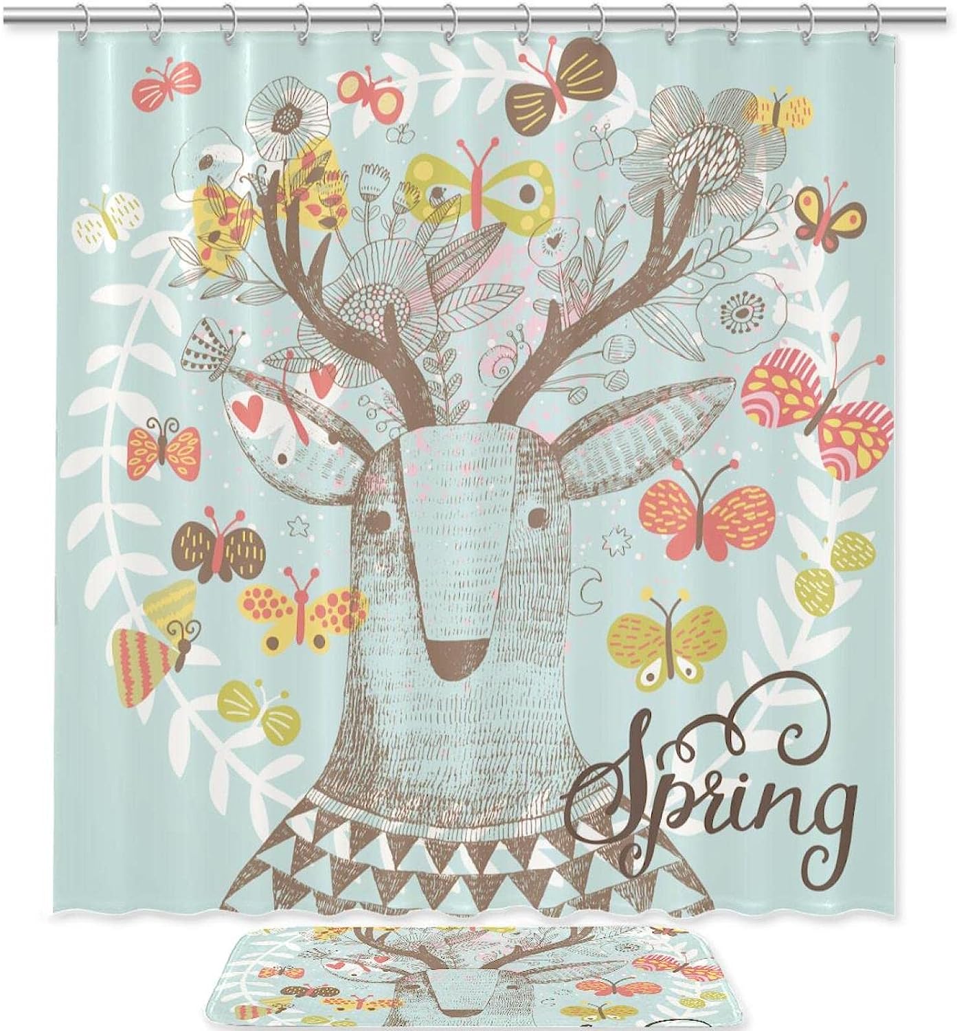 Deer Butterflies Print Shower Curtain For Bathroom, Waterproof Bathroom Curtain, Adds Aesthetic Beauty To Your Bathroom