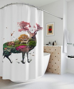 Deer Cherry Blossoms Print Shower Curtain, Unique Deer Lovers Curtain, Aesthetic Shower Curtain