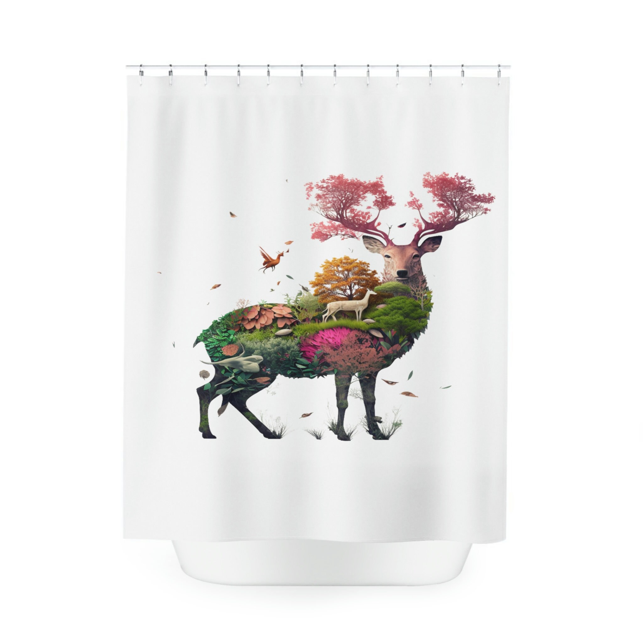 Deer Cherry Blossoms Print Shower Curtain, Unique Deer Lovers Curtain, Aesthetic Shower Curtain - Image 2