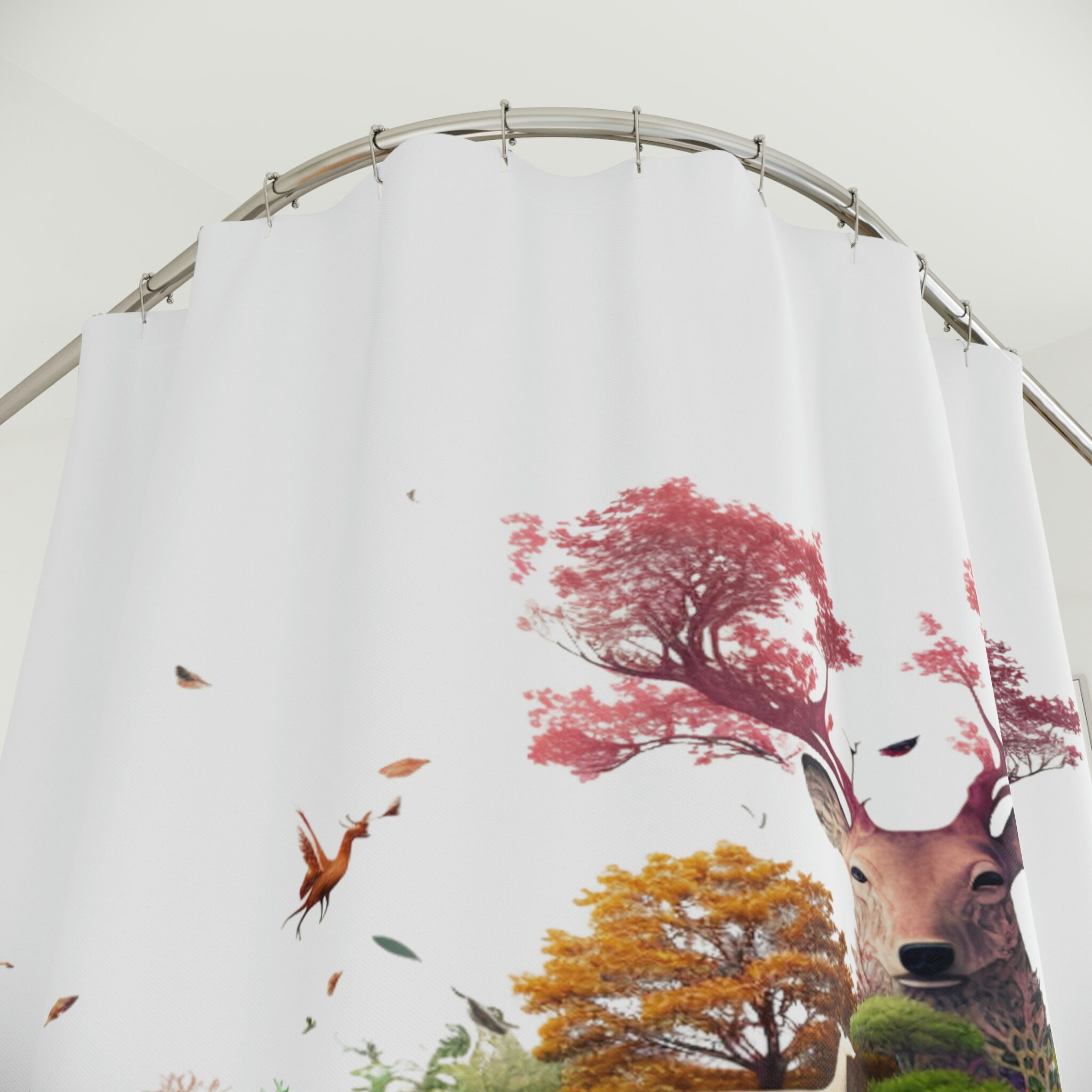 Deer Cherry Blossoms Print Shower Curtain, Unique Deer Lovers Curtain, Aesthetic Shower Curtain - Image 3