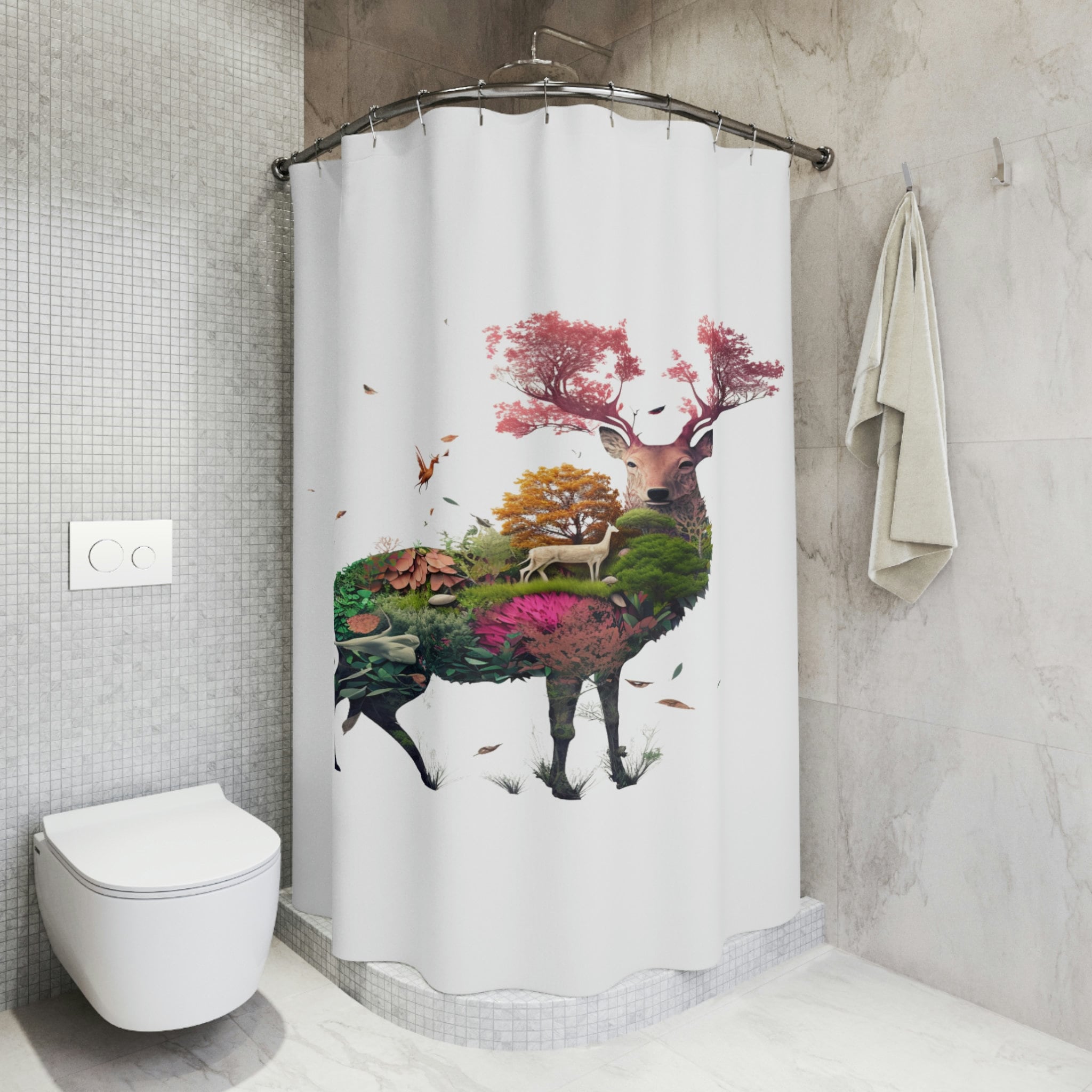 Deer Cherry Blossoms Print Shower Curtain, Unique Deer Lovers Curtain, Aesthetic Shower Curtain - Image 4