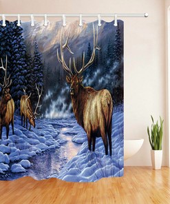Deer Elk Snow Forest Fabric Shower Curtain With Waterproof Bathroom Decors, Adds Natural Charm To Your Bathroom