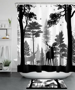 Deer Forest Shower Curtain Vintage Camping Wildlife Nature Hunting Bathroom, Hunting Cabin Themed Bathroom