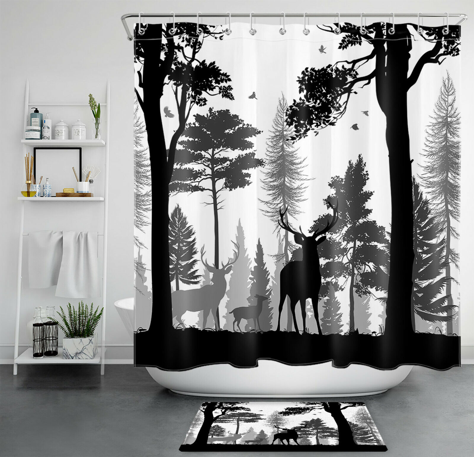 Deer Forest Shower Curtain Vintage Camping Wildlife Nature Hunting Bathroom, Hunting Cabin Themed Bathroom