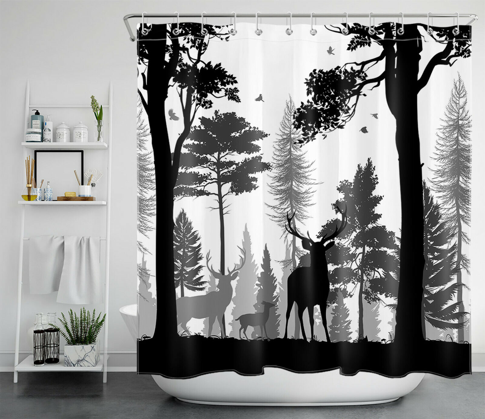 Deer Forest Shower Curtain Vintage Camping Wildlife Nature Hunting Bathroom, Hunting Cabin Themed Bathroom - Image 2