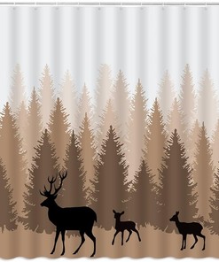 Deer Forest Shower Curtain Wildlife Elk Moose Silhouette Pine Tree Forest Jungle Camping Cabin Wild Animal Hunting