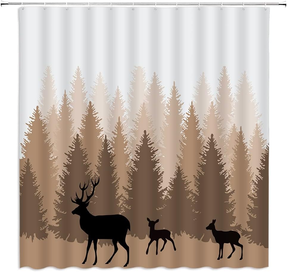 Deer Forest Shower Curtain Wildlife Elk Moose Silhouette Pine Tree Forest Jungle Camping Cabin Wild Animal Hunting