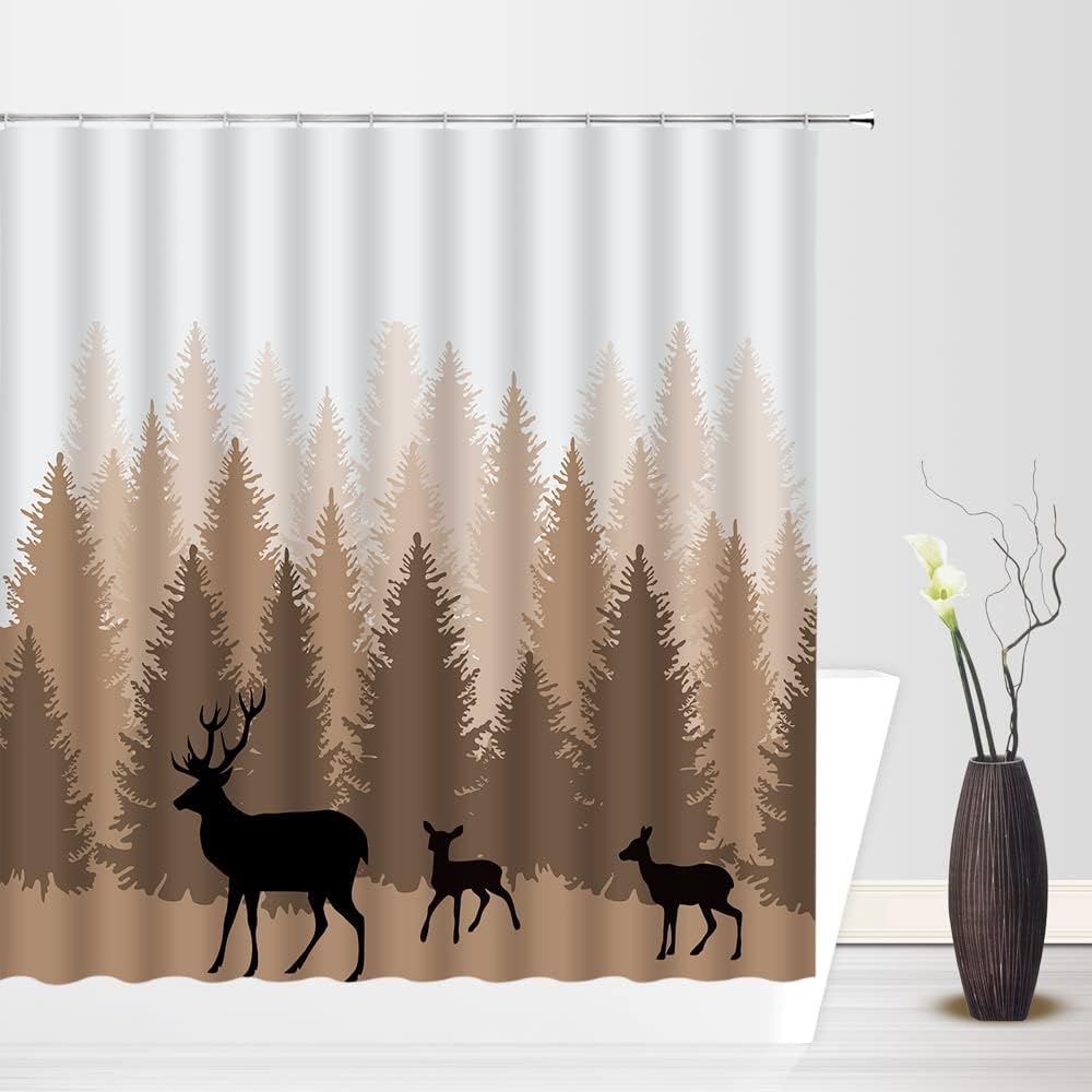 Deer Forest Shower Curtain Wildlife Elk Moose Silhouette Pine Tree Forest Jungle Camping Cabin Wild Animal Hunting - Image 2
