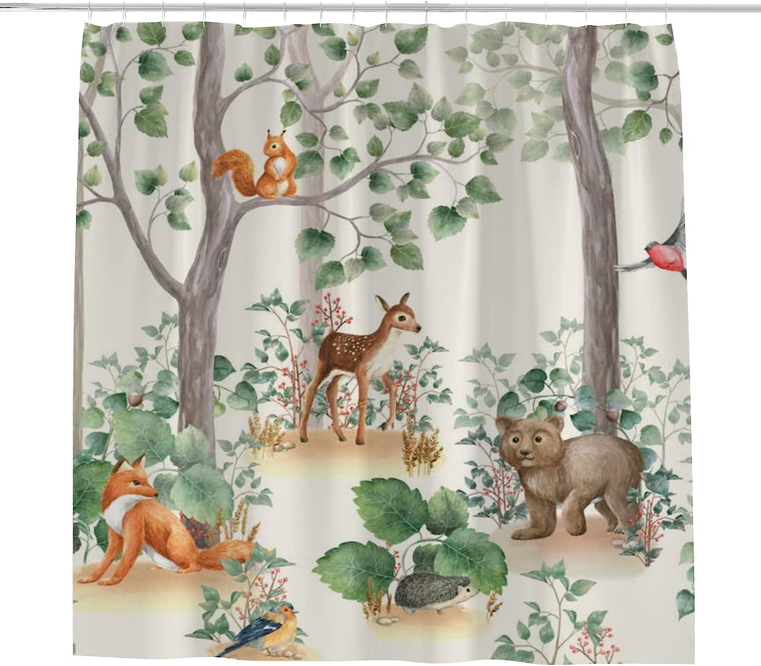 Deer Fox Squirrel Hedgehog Jungle Animals Shower Curtain With Waterproof Bathroom Decorations - Image 2