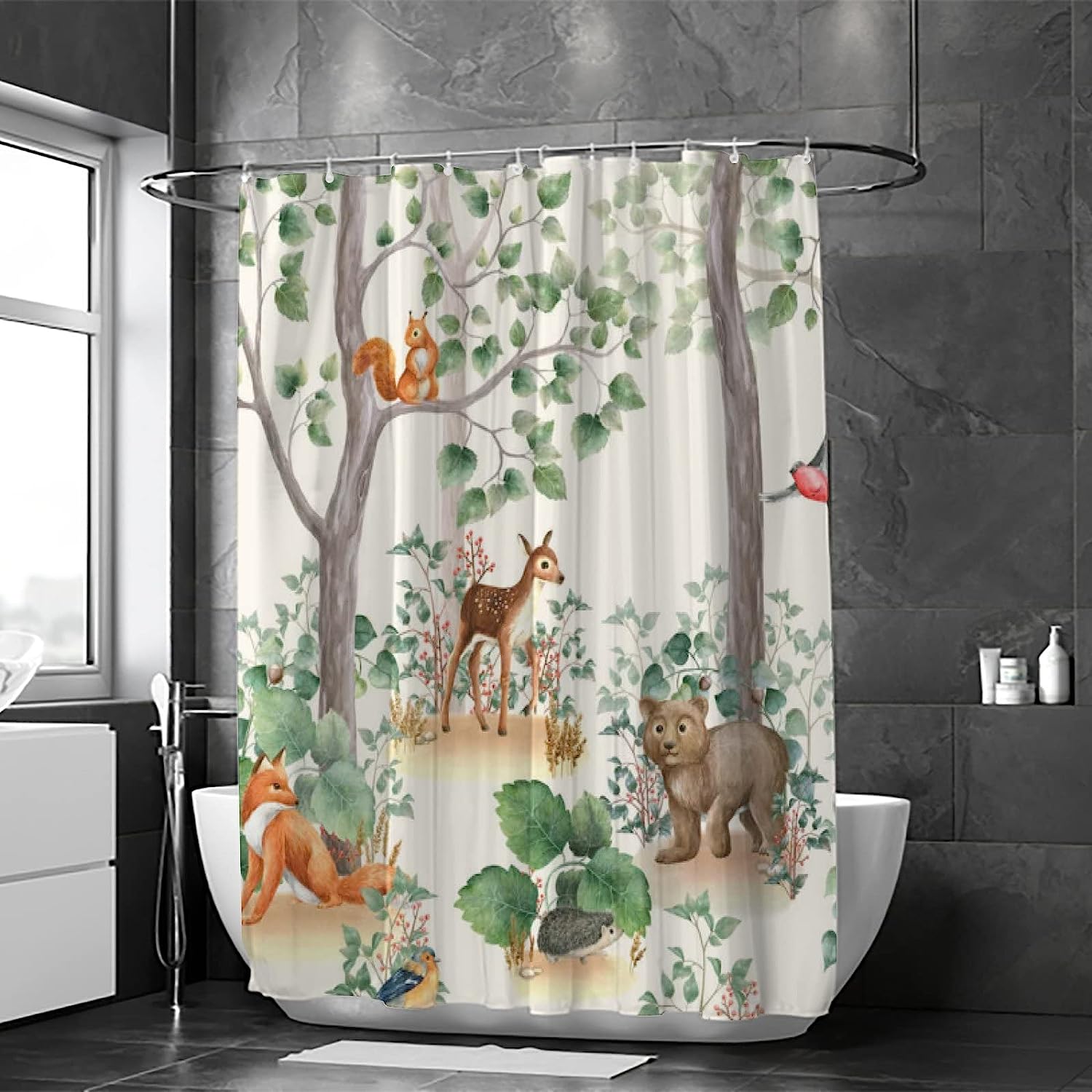 Deer Fox Squirrel Hedgehog Jungle Animals Shower Curtain With Waterproof Bathroom Decorations - Image 3