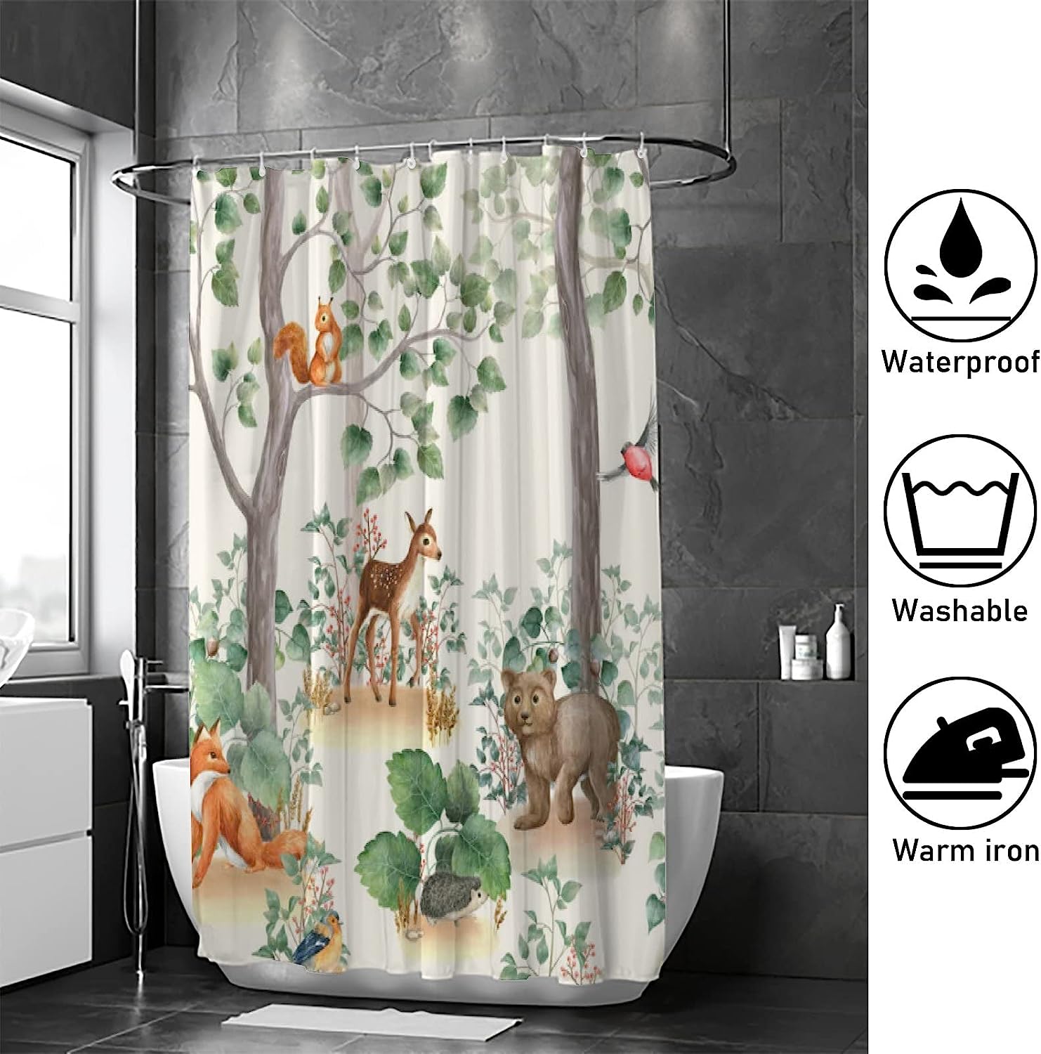 Deer Fox Squirrel Hedgehog Jungle Animals Shower Curtain With Waterproof Bathroom Decorations - Image 4