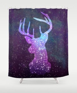 Deer, Galaxy, and Planets Nebula Shower Curtain for Fantasy Bathroom 