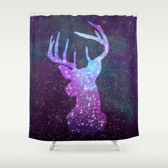 Deer, Galaxy, and Planets Nebula Shower Curtain for Fantasy Bathroom