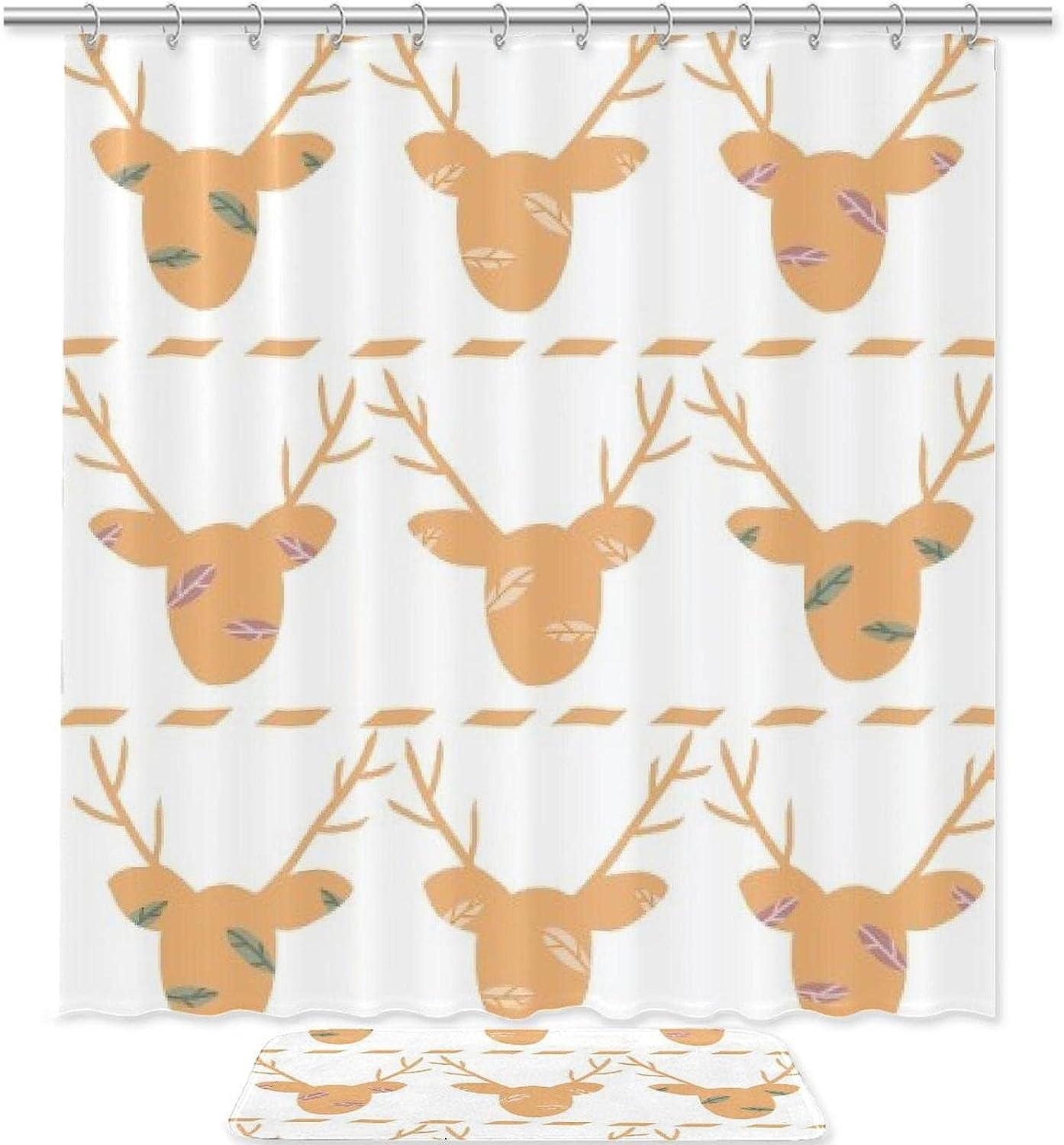Deer Head Silhouette With Leaves Print Shower Curtain - Simple And Elegant Bathroom Decor