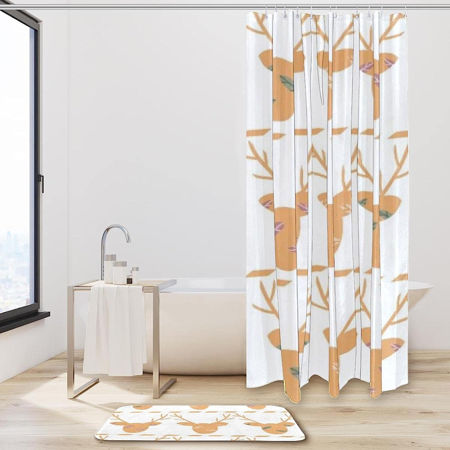 Deer Head Silhouette With Leaves Print Shower Curtain - Simple And Elegant Bathroom Decor - Image 2