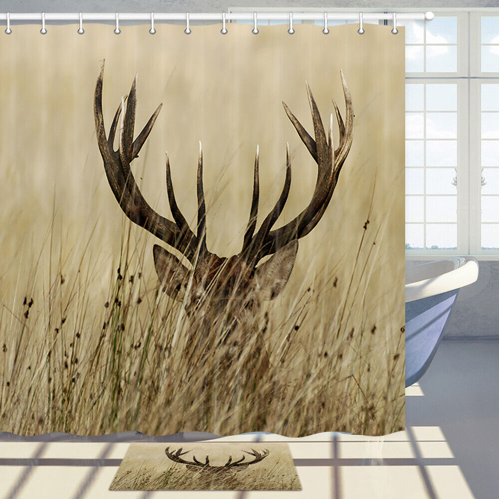 Deer Hidden In The Grassland Print Shower Curtain With Fabric Bathroom Decor, Perfect For A Wildlife Themed Bathroom