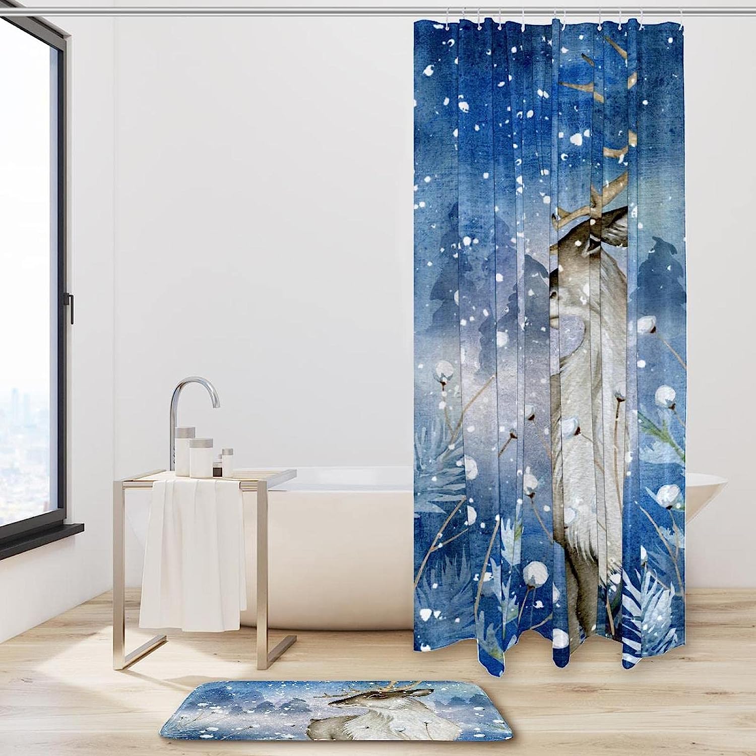 Deer In Snow Vintage Shower Curtain For A Winter Wonderland Bathroom - Image 2