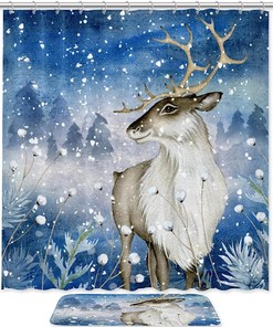 Deer In Snow Waterproof Bathroom Decors Shower Curtain, Adds Winter Charm To Your Bathroom Decor