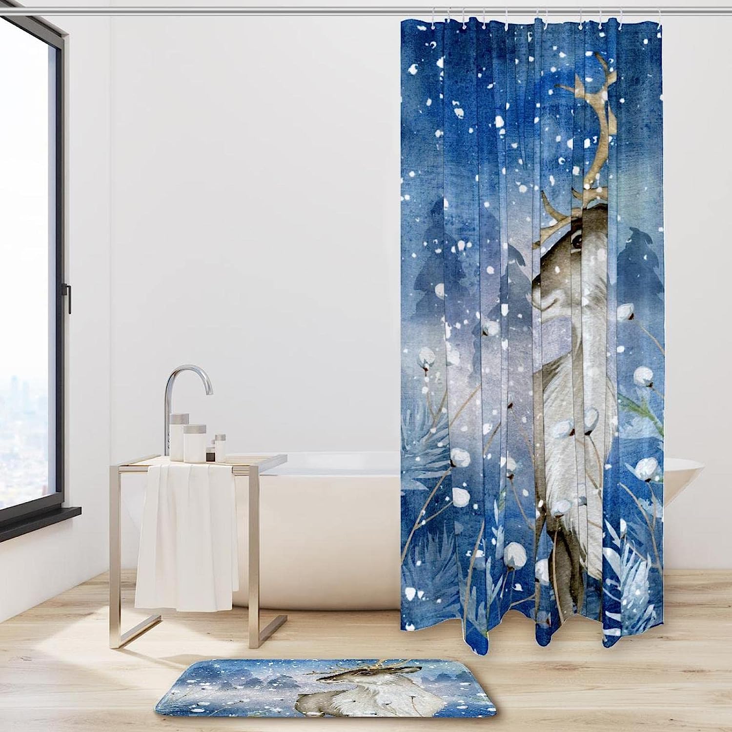 Deer In Snow Waterproof Bathroom Decors Shower Curtain, Adds Winter Charm To Your Bathroom Decor - Image 2
