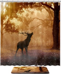 Deer In The Forest Print Shower Curtain With Waterproof Fabric Bathroom Curtain, Perfect For A Wildlife Themed Bathroom