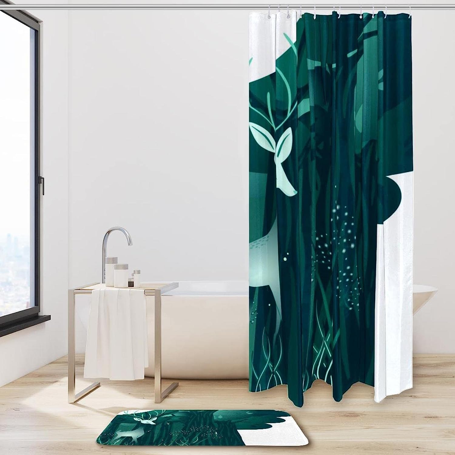 Deer In The Forest Print Shower Curtain With Waterproof Fabric, Perfect For A Wildlife Themed Bathroom - Image 2