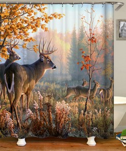 Deer In The Forest Wildlife Jungle Animal Trees Autumn Leaves Flowers Shower Curtain With Fabric Bath Curtain Home Decor