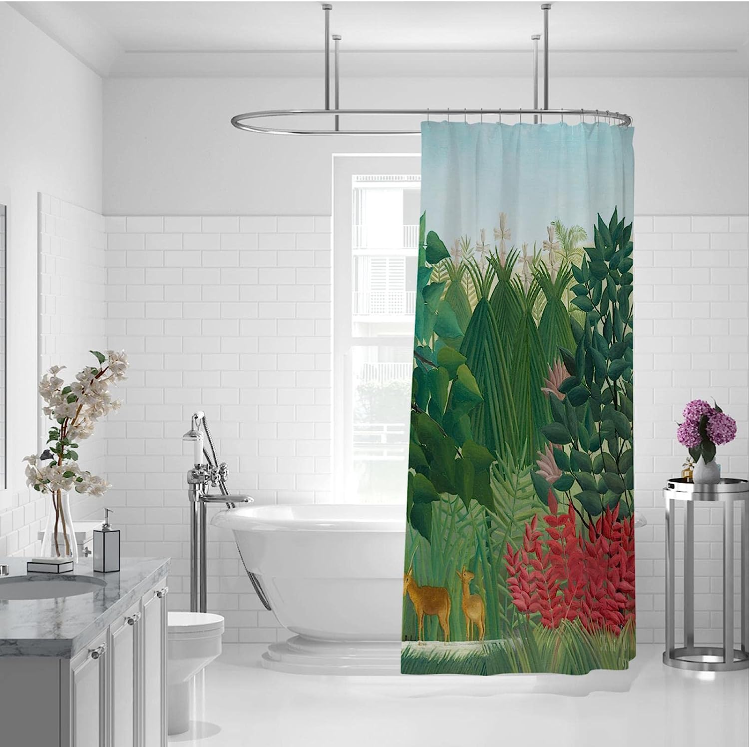 Deer Jungle Bathroom Shower Curtain Henri Rousseau Style Exhibition Art Bath Curtain Set - Image 2