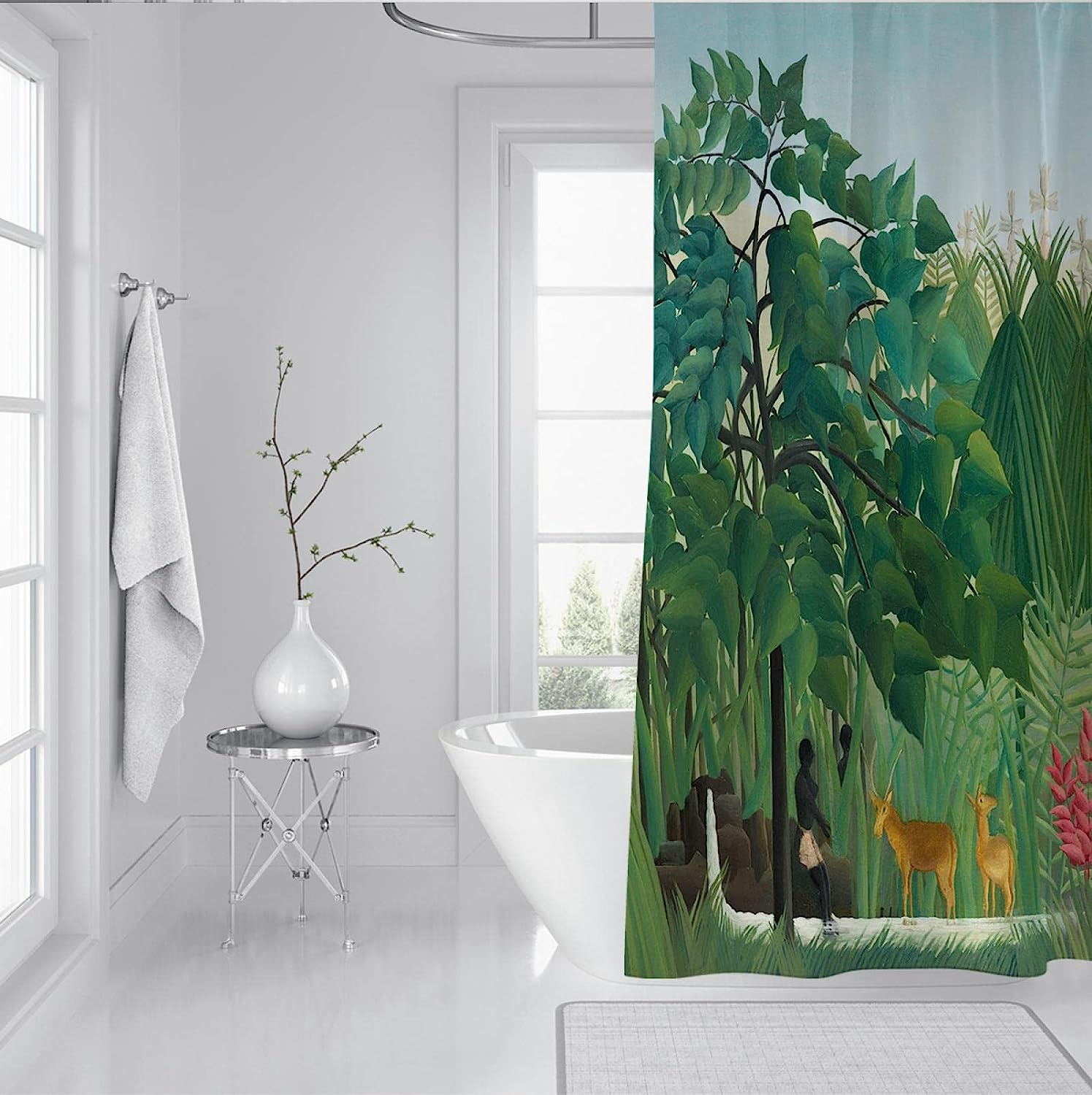 Deer Jungle Bathroom Shower Curtain Henri Rousseau Style Exhibition Art Bath Curtain Set - Image 3