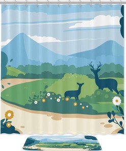 Deer Landscape Print Shower Curtain With Waterproof Fabric, Perfect For A Rustic Themed Bathroom