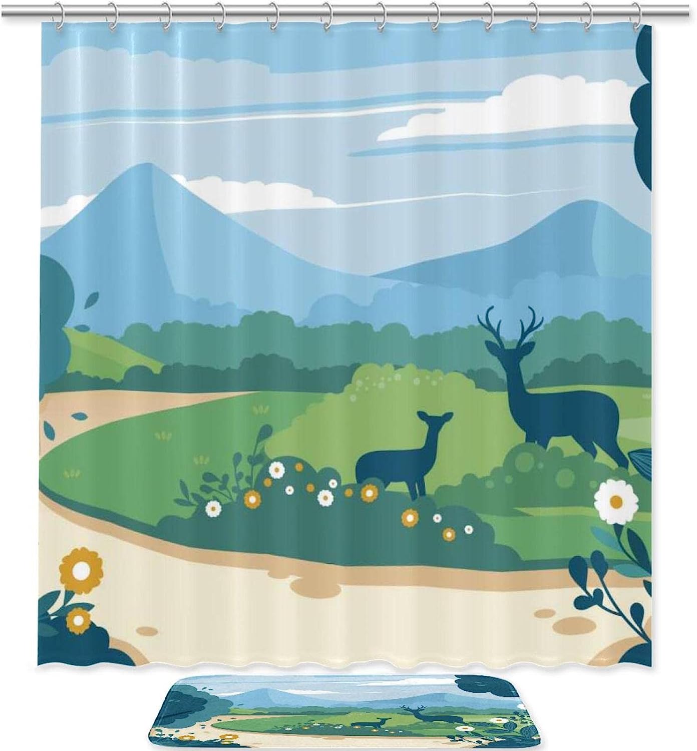 Deer Landscape Print Shower Curtain With Waterproof Fabric, Perfect For A Rustic Themed Bathroom